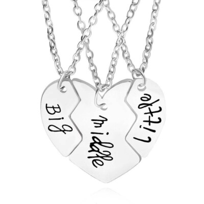 3 PIECE SILVER PLATED SISTER NECKLACE SET CHARM BIG MIDDLE LITTLE
