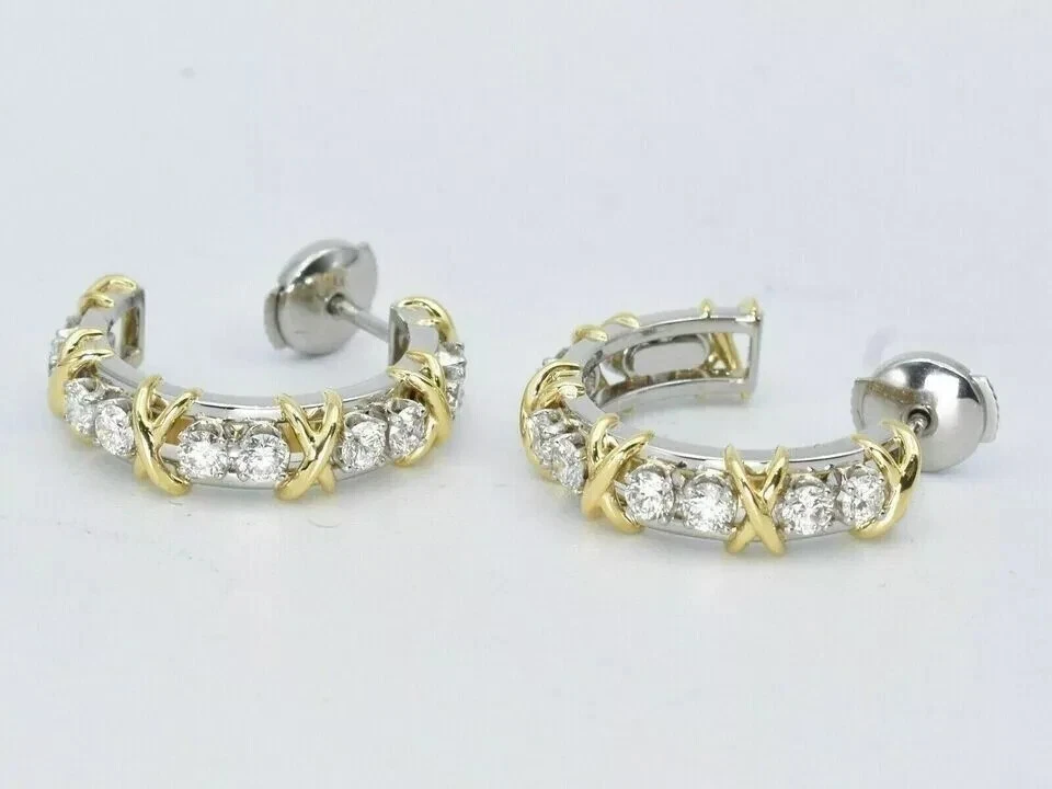 14k Two Tone Gold Plated Women's 1Ct Half Hoop Earrings Round Simulated Diamond - Image 2 of 4