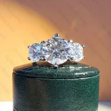 3.24 TCW Round Cut Moissanite Three Stone Engagement Ring 14K White Gold Plated
