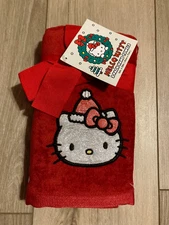 NEW CHRISTMAS HELLO KITTY SET of 2 RED GLITTER Decorative HAND TOWELS