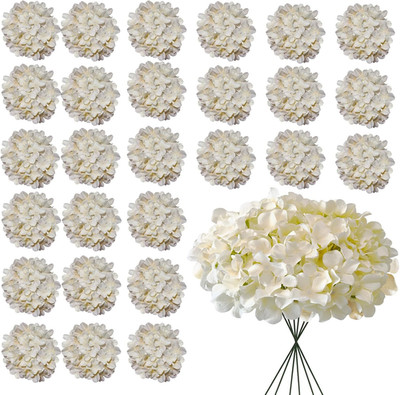 Champagne Artificial Hydrangea Flowers 30 Pcs Faux Silk Heads with Stems