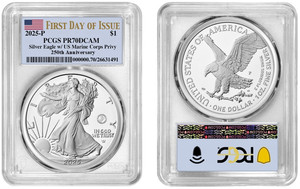  2025 P Silver American Eagle $1 Marine PCGS PR70DCAM First Day of Issue #255