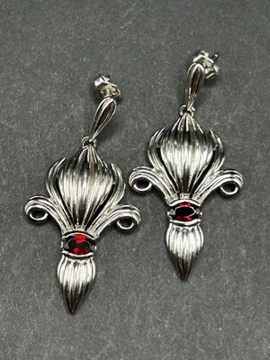 Signierte Sterling Silber Fleur de Lis Post Ohrhänger Granat