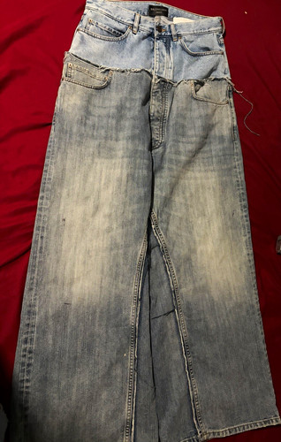 Balenciaga Unisex Light Wash Blue Wide-Leg Denim Jeans Distressed Logo S
