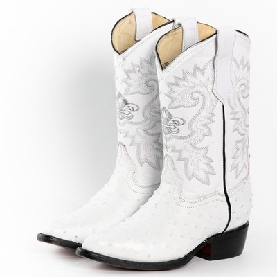 Genuine Leather Exotic Full Quill Ostrich Print J-Toe Cowboy Western Boots-White