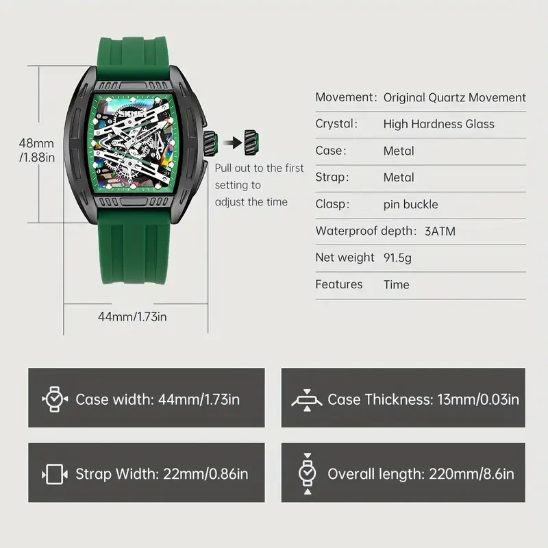 Luxury Green Skeleton Quartz Watch Luminous Barrel Case Silica Strap Men - Image 3 of 4