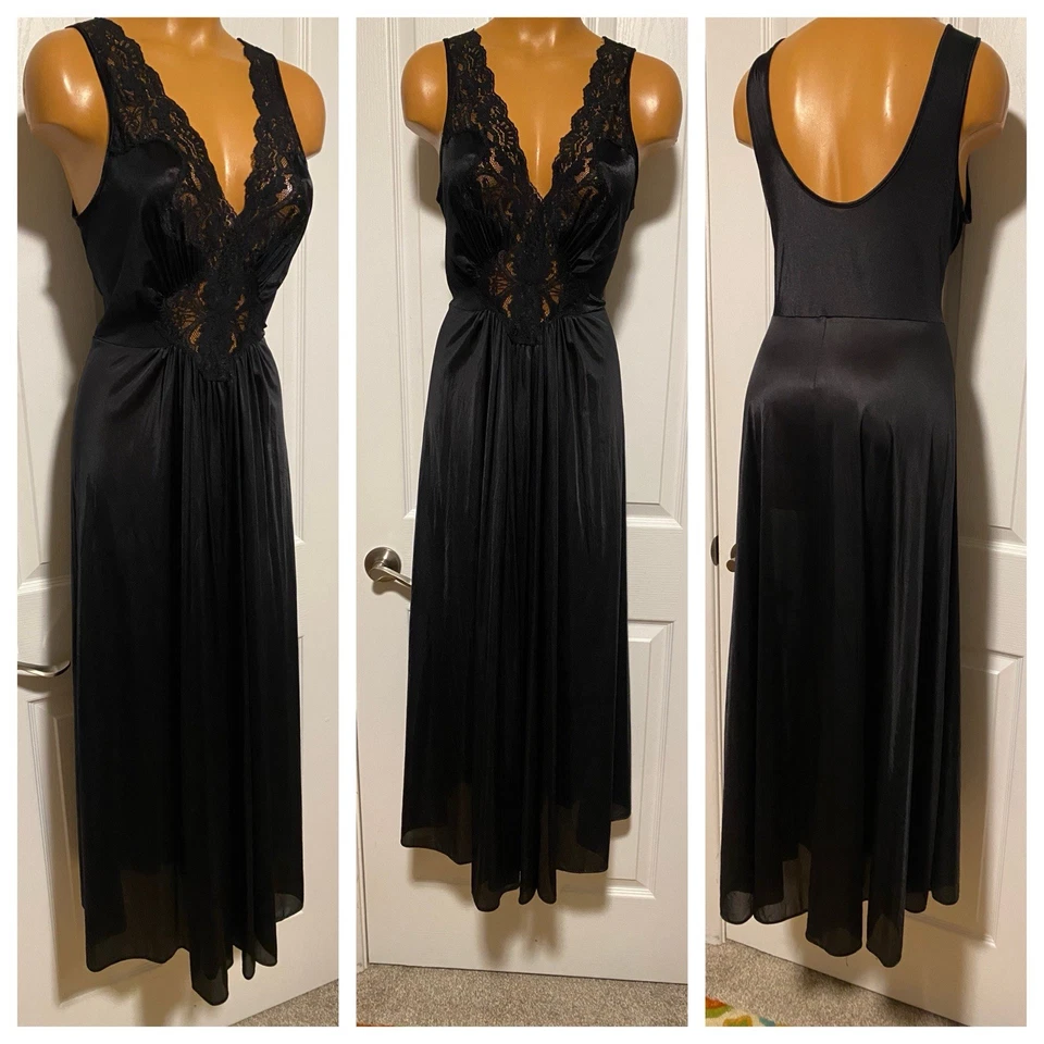 CAMISÓN VINTAGE AÑOS 70 VANITY FAIR NEGRO CON CANESÚ DE ENCAJE Y ENORME BARRIDO ESTILO OLGA TALLA XL Foto 3 de 4