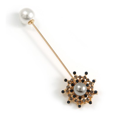Faux Peal Schneeflocke Brosche Anstecknadel in goldfarben/blau/grau Kristall - 65 mm L