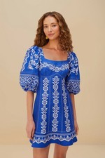 NWOT Farm Rio Blue Tropical Cross Stitch Pattern Premium Linen Mini Dress Size L