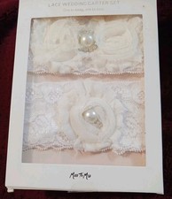 Bridal Wedding Garter Set White Pearl Rhinestone and Lace Bride Miss to Mrs.