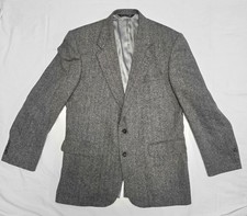 Lands End Men's Black Gray Herringbone Tweed Lambswool Blazer Sport Coat 42L EUC