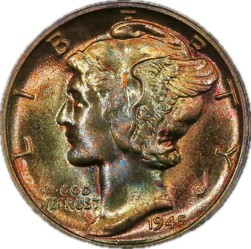1945 Silver Mercury Dime, Colorful Rainbow Toning MONSTER GEM BU++ UNC MERC B28