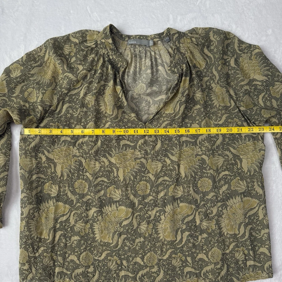 VINCE Blouse M Silk Top Moss Green Yellow Floral Garden Boho Long Sleeve V Neck - Image 4 of 4