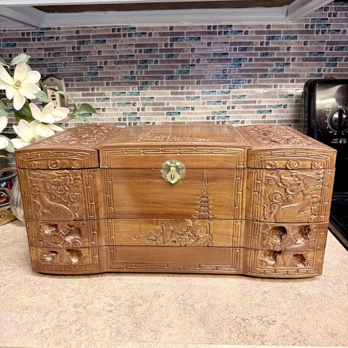 Antique Asian camphor wood hand carved jewelry chest