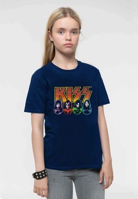 Kiss Kinder T-Shirt Gesichter und Symbole Band Logo neu offiziell marineblau Alter 3-14 Jahre