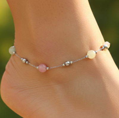 Elegant Silver Tone Anklet Minimalist Pastel Pink and Yellow Beaded Pattern