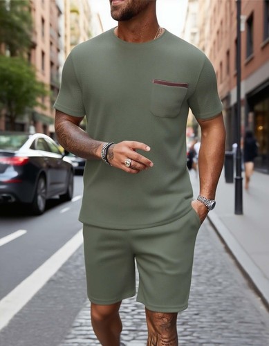Men's Short Sets 2 Piece Summer Outfits Casual Short Sleeve Crew Neck Pockets... - Picture 2 of 6