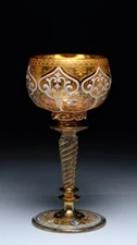 Antique Bohemian Moser Hand Blown Gold & Enameled Floral Crystal Wine Glass