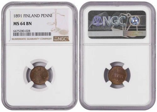 *** NGC *** FINLAND / RUSSIA *** 1 penni 1891 *** MS64 *** RARE in UNC+  *** n6