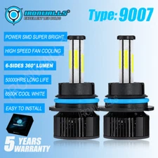 6 Sides 9007/HB5 LED Headlight Bulbs Kit 6500K White High Low Beam Super Bright