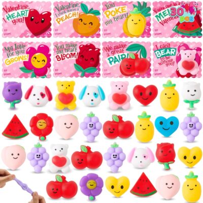 JOYIN 30 Packs Gift Cards with Fruit Mochi Squishy Toys, Stress Relief Fidget,