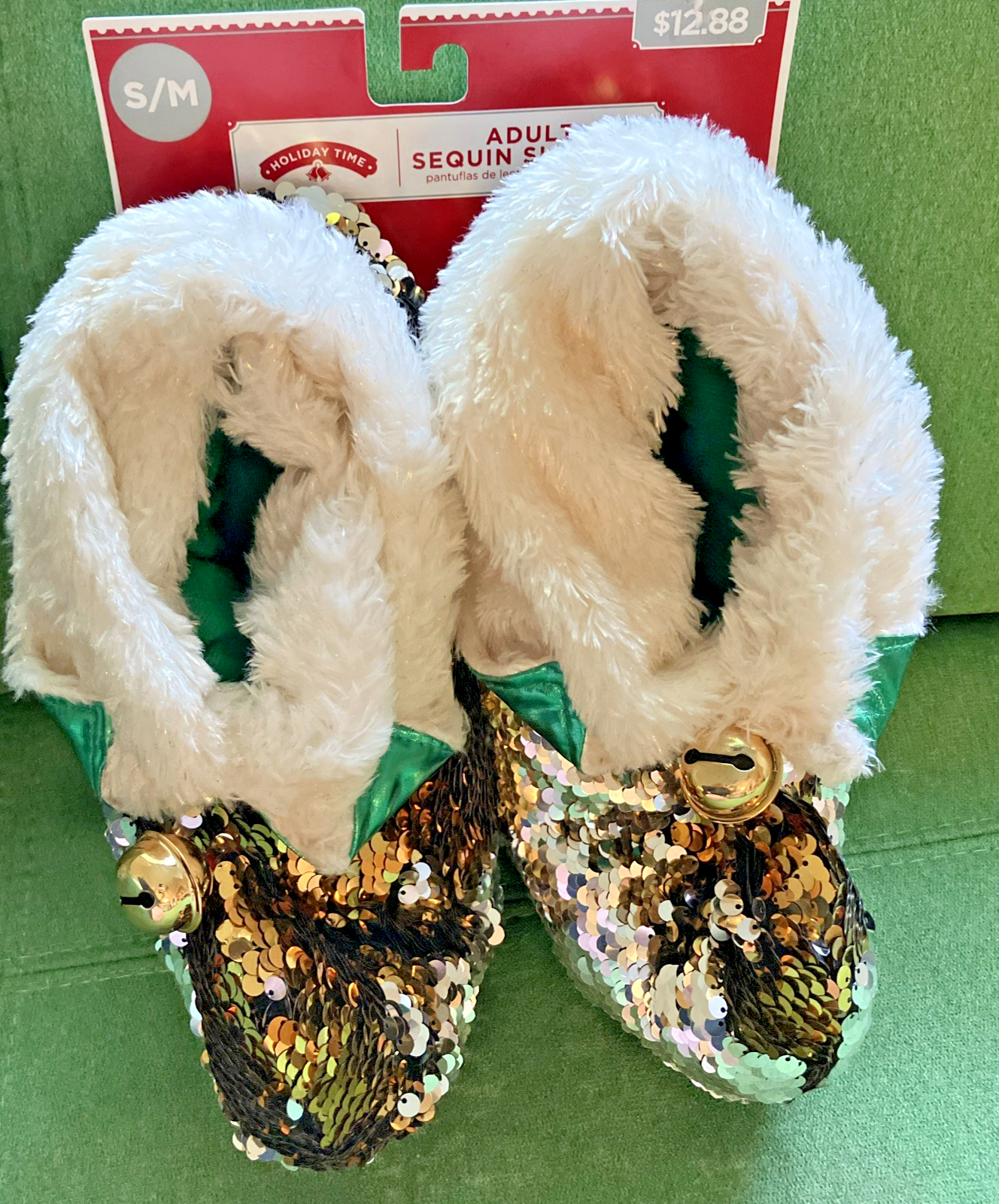 PANTOFOLA D’ORO SANTA ELF Pantofole Fuzzy Oro Argento 2018 Natale Paillettes Uomo Donna S M 5 8
