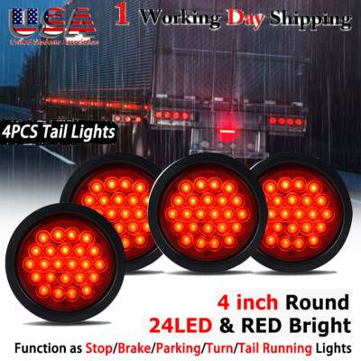 4X 4 inch Round 24 Red LED Trailer Tail Lights Truck Stop Brake Lamp w/ Grommet