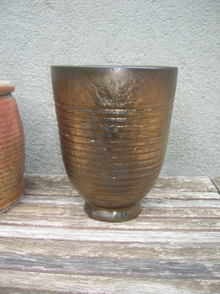 vase en gres signé greber a beauvais art deco moderniste email lustré noir 19cm - Photo 3/4