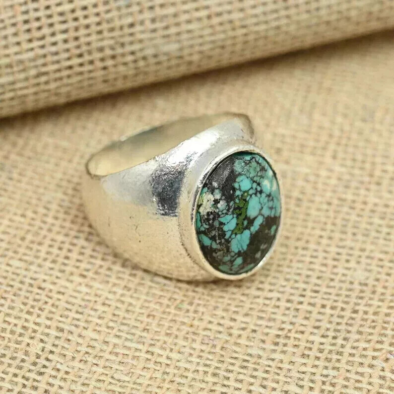 Men's Sterling Silver Eagle Ring With Turquoise Stone - Solid 925 Silver Oval Turquoise Ring Size 10