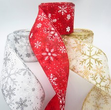 Wired Christmas Snowflakes Ribbon - 2.5in x 10 Yards - Glittered Red Silver Gold