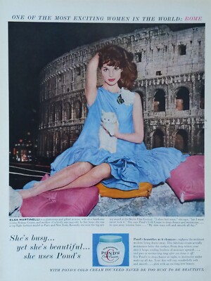 1959 vintage ponds cold cream print ad. Featuring Elsa martinelli