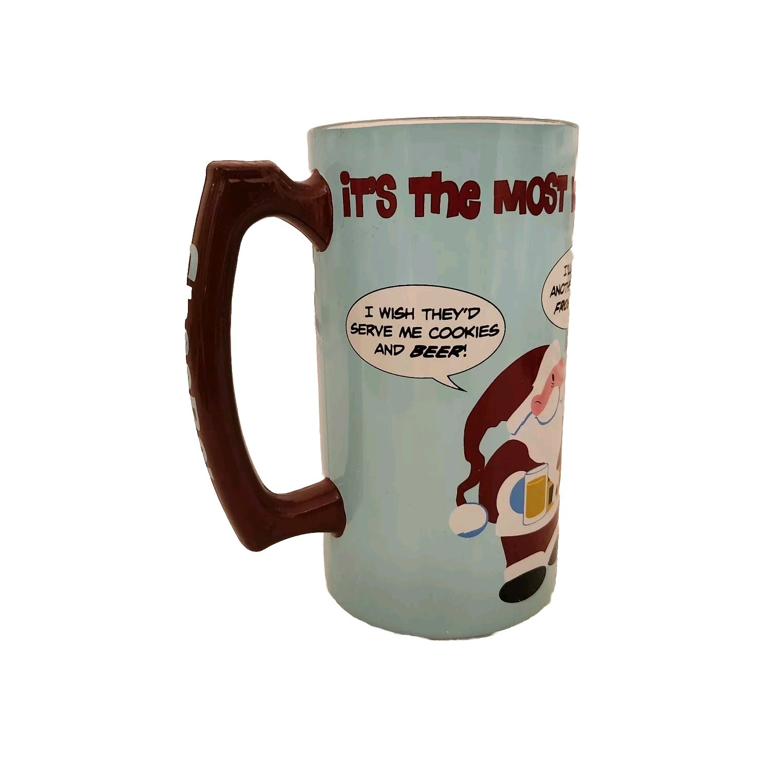 Funny Christmas Beer Mug with Santa Snowman Reindeer Design in Heavy Glass