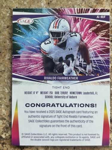 2025 SAGE HIT Low Series Autographs A-RF Rivaldo Fairweather Auburn Tigers RC - Picture 2 of 2
