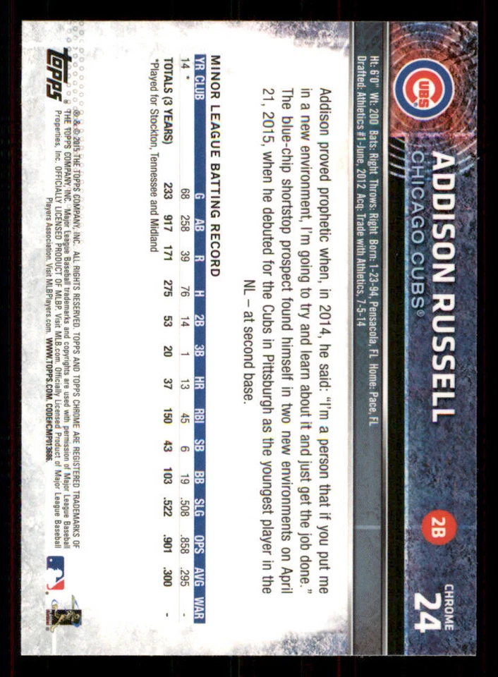 2015 Topps Chrome #24 Addison Russell RC - Image 2 of 2