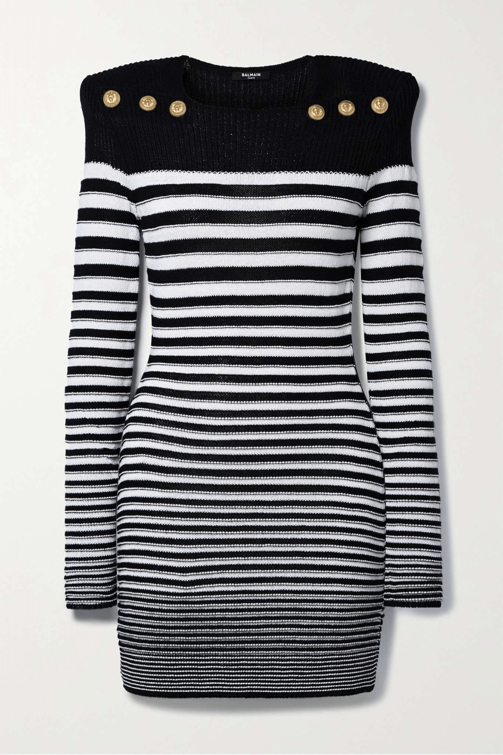 BALMAIN Button-embellished striped ribbed cotton-blend mini dress