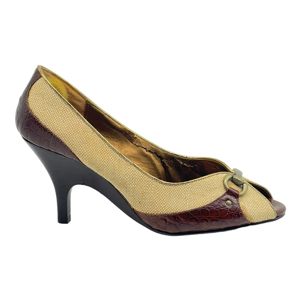 LIZ CLAIBORNE 女式 9.5 帆布和皮革露趾高跟鞋穿鞋深受喜爱 — 第 2/4 张图片