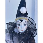 Vintage Porcelain Harlequin Pierrot Clown Doll Black White Satin 16