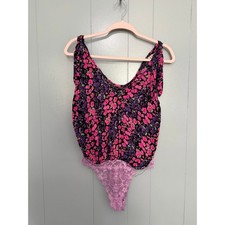 Free People Intimately Purple Floral Bare It All V-neck Tie Straps Bodysuit S