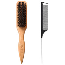 Boar Bristle Slick Back Hair Brush & Rat Tail Comb Set - 100% Natural Bristle Wo