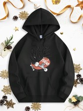 Women's Grey Skateboard Graphic Hooded Sweatshirt -Oversized Pullover Hoodie w/S