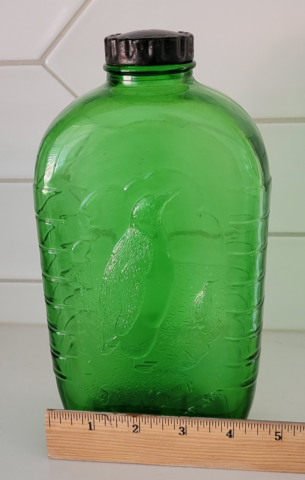 Antique Green Glass Refrigerator Water Bottle No. 1429-Penguin Design
