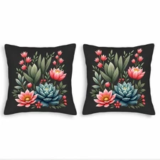 Set of 2 Decorative Throw Pillow Covers 18x18in - Black Floral Design 