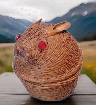 Vintage Paul Marshall Woven Wicker Rabbit/lid Basket with Bamboo Ears/Red Eyes