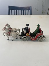 Vintage Cast Iron Double White Horse Drawn Carriage With Driver Lady Passenger