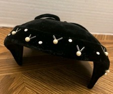 1950s Black Velvet Half Hat Pearl Bead Rhinestone Cocktail Evening Headpiece