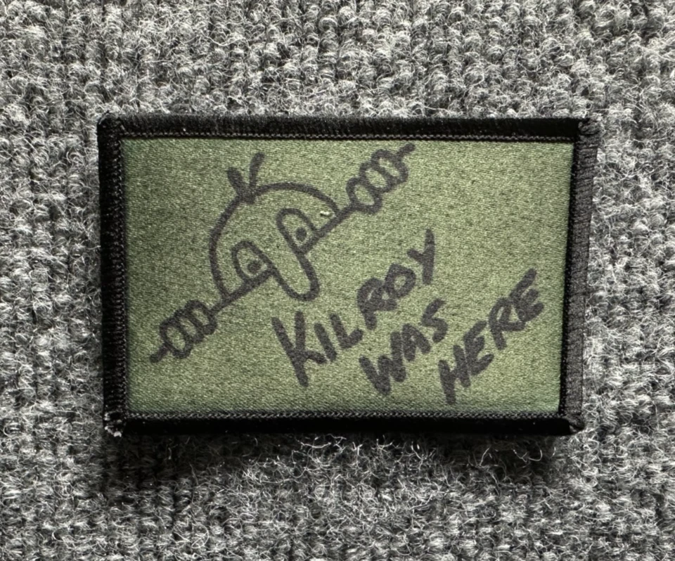 ACORN TACTICAL Kilroy Was Here Morale Patch Hook & Loop Historical WW2 - Black on Olive