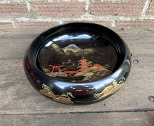 Vintage Large Japanese Black Wooden Lacquered Hand Painted Bowl Serving Dish