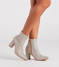 New Bling Champagne Gold Rhinestone Embellished Ankle Boot Booties 3" Block Heel