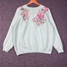 Vintage Hand Painted Floral Rose Mint Green Sweatshirt Gold Glitter Raglan L