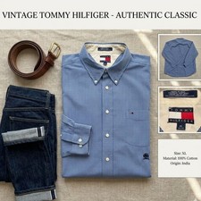 Vintage Tommy Hilfiger Button Down Shirt Men's XL Blue White Check Crest Logo